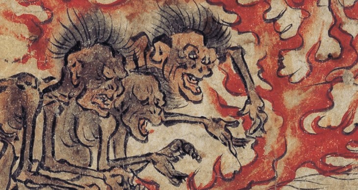 Detalhe de um antigo papiro japonês retratando os fantasmas famintos - que bebem fogo