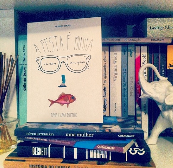 A capa esperta do livro de Clara Drummond é de Alice Galeffi; na foto, ele domina a estante da autora